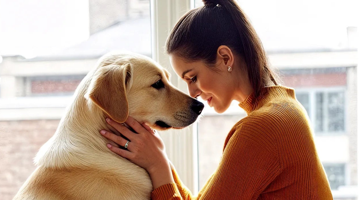 Woman touching foreheads with dog